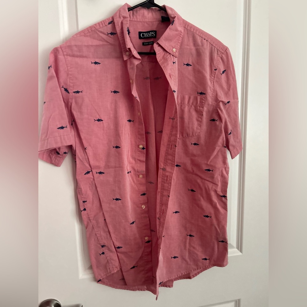 Chaps salmon colored shirt with navy shark print button up polo